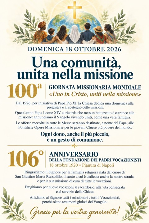 immagine di 100ª Giornata Missionaria Mondiale
106° anniversario della fondazione della Congregazione dei Padri Vocazionisti